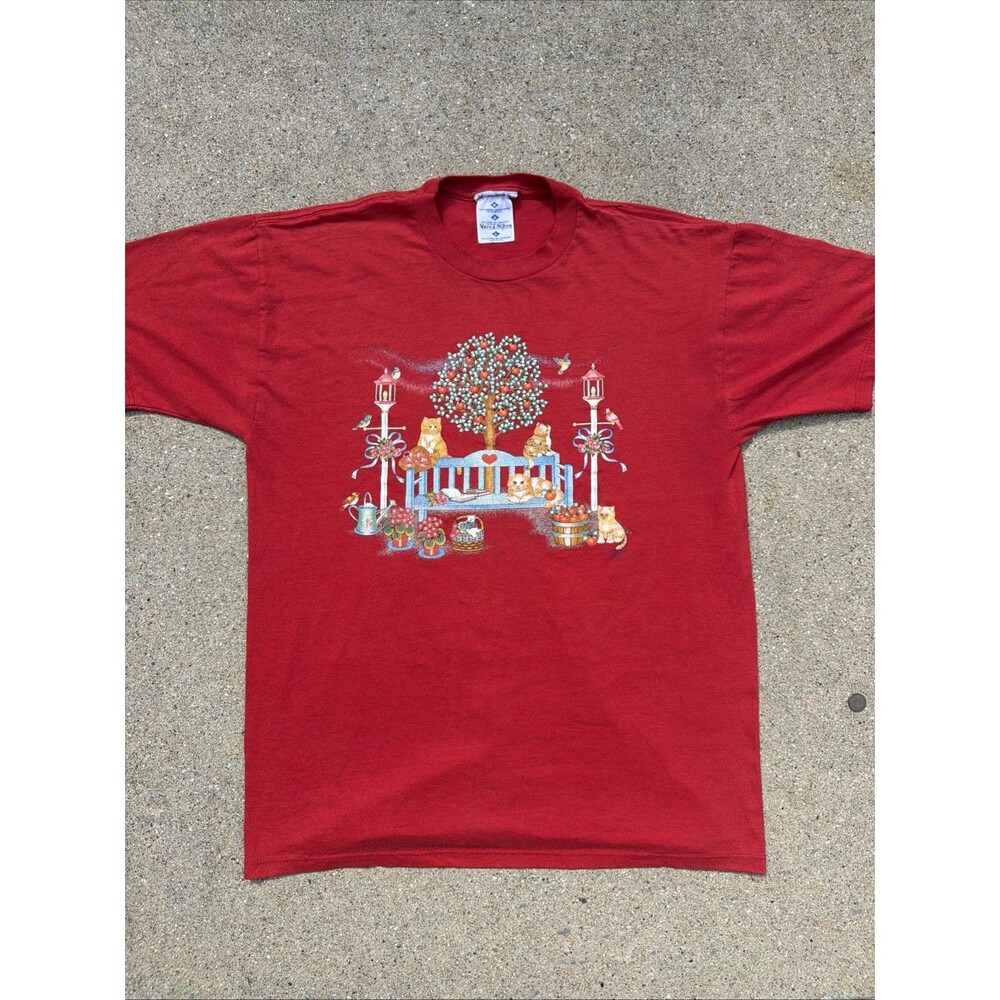 Vintage Cute Cats And Birds Sitting Nature Scene Red Large Shirt